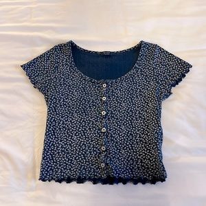 John Galt, cropped, button down, navy blue with white flowers